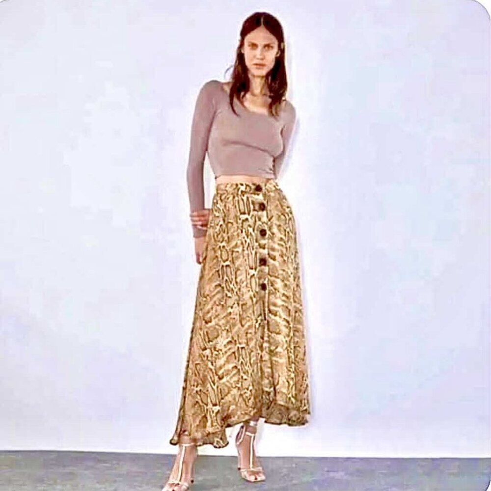 ZARA Silky Snake Print Button Down Front Maxi Skirt Tan S NWOT - Picture 1 of 6